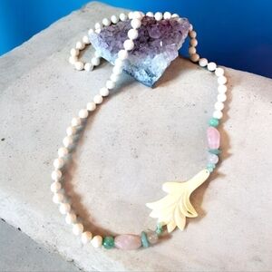 Vintage Rose Quartz Green White Jade Carved Flower Blossom Knotted Necklace Lei